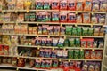 Crisps varieties and Potato chips on a store shelf