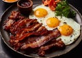 Crispy bacon and eggs with parsley with grilled tomato on plate.Macro.AI Generative