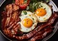 Crispy bacon and eggs with parsley with grilled tomato on plate.Macro.AI Generative