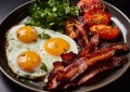 Crispy bacon and eggs with parsley with grilled tomato on plate.Macro.AI Generative