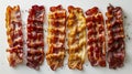 Crispy bacon strips neatly aligned on a wooden cutting board