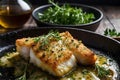 Crispy Baked Cod with Herbs A Gourmet Seafood Delight on Cast Iron Pan Ai Generated Royalty Free Stock Photo