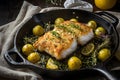 Crispy Baked Cod with Herbs A Gourmet Seafood Delight on Cast Iron Pan Ai Generated Royalty Free Stock Photo