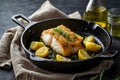 Crispy Baked Cod with Herbs A Gourmet Seafood Delight on Cast Iron Pan Ai Generated Royalty Free Stock Photo