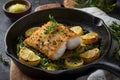 Crispy Baked Cod with Herbs A Gourmet Seafood Delight on Cast Iron Pan Ai Generated Royalty Free Stock Photo