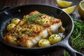 Crispy Baked Cod with Herbs A Gourmet Seafood Delight on Cast Iron Pan Ai Generated Royalty Free Stock Photo
