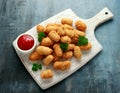 Crispy Battered scampi nuggets with ketchup on white wooden board