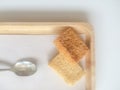 Crispy Bread Butter Sugar on wooden tray on white background. Biscuit homemade. Dessert, Snack Royalty Free Stock Photo