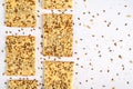 Crispy bread slice with cereals. Healthy cookies with sunflower seeds, flax seeds and sesame seeds. Wholesome biscuits for diet.