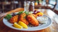 Crispy breaded cutlets served with lemon and sauce Royalty Free Stock Photo