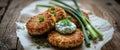 Crispy Breaded Fish Cakes with Creamy Dill Sauce and Spring Onions. Royalty Free Stock Photo