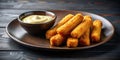 Crispy breaded fish sticks served with creamy dipping sauce on a rustic plate. Generative AI Royalty Free Stock Photo