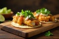 Crispy breaded fish tacos with cilantro and creamy sauce on wooden board. Generative AI Royalty Free Stock Photo