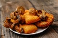 Fried fish filet, veggie burger and grilled champignons Royalty Free Stock Photo