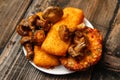Fried fish filet, veggie burger and grilled champignons Royalty Free Stock Photo