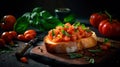 Crispy Bruschetta with Fresh Tomatoes and Basil Delicious Italian Appetizer. Food photography. Generative AI Royalty Free Stock Photo