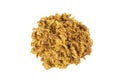 Crispy carmelized fried onion flakes heap isolated on white background. Spices and food ingredients