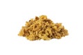 Crispy carmelized fried onion flakes heap isolated on white background. Spices and food ingredients