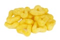 Crispy cheese snacks on a white background, salted corn rings Royalty Free Stock Photo