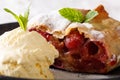 Crispy cherry strudel and vanilla ice cream macro. horizontal Royalty Free Stock Photo