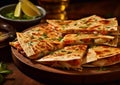 Crispy chicken quesadillas with cheese on chopping board.Macro.AI Generative