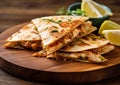 Crispy chicken quesadillas with cheese on chopping board.Macro.AI Generative