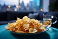 Crispy chips on a coffee table in a contemporary, unoccupied, blue hued living room