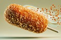 Crispy corn dog with golden breadcrumb coating in dynamic motion on gradient background Royalty Free Stock Photo