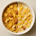 Crispy Corn Flakes Cereal with Almonds and Cashews Split View: Dry vs. Milk Soaked AI-GENERATED Royalty Free Stock Photo