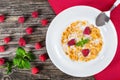 Crispy corn flakes with raspberry and milk decorated with mint Royalty Free Stock Photo