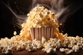 Crispy corn popcorn in a box. Sweet or salty food advertisement in cinema
