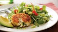 Crispy crab cake with fresh arugula and avocado salad on white plate Royalty Free Stock Photo
