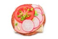Crispy Cracker Sandwich with Tomato, Sausage, Cheese, Green Onions and Radish - Royalty Free Stock Photo