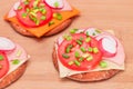Crispy Cracker Sandwiches with Tomato, Sausage, Cheese, Green Onions and Radish Royalty Free Stock Photo