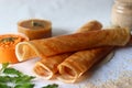 Crispy crepes made of little millets and lentils. Commonly known as little millet dosa. Plated as dosa rolls. Served with coconut