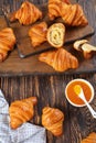 Crispy croissants with jam, top view Royalty Free Stock Photo