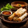 Crispy crunchy spring rolls with dipping sauce Royalty Free Stock Photo