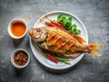 Crispy DeepFried Snapper with Aromatic Fish Sauce A Minimalist Culinary Masterpiece on a Pristine White Plate Royalty Free Stock Photo