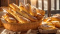 Crispy delicious French baguettes in a basket tasty healthy kitchen gourmet appetite