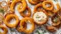 Crispy delicious onion rings prepared restaurant golden gourmet cuisine fastfood fastfood