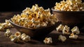 Crispy and Delicious Popcorn Snacks in Wooden Bowls on Rustic Wooden Surface Royalty Free Stock Photo