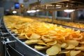 Crispy delight. conveyor belt packaging of freshly made potato chips for efficient production