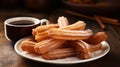 Crispy churro sticks, perfectly with chocolate sauce, AI Generated