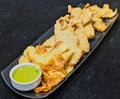 Crispy Fish and Chips with Green Dip Royalty Free Stock Photo