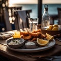 A crispy fish and chips on white plate Royalty Free Stock Photo