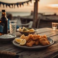 A crispy fish and chips on white plate Royalty Free Stock Photo