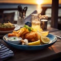 A crispy fish and chips on white plate Royalty Free Stock Photo