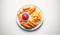 Crispy fish sticks and sliced potatoes artfully arranged around a bowl of ketchup on a white plate Royalty Free Stock Photo