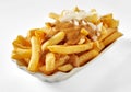 Crispy French fries with mustard sauce and onion