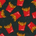 Crispy french fries seamless pattern with red paper boxes of fried potato. Realistic Hand Drawn Doodle Style Sketch